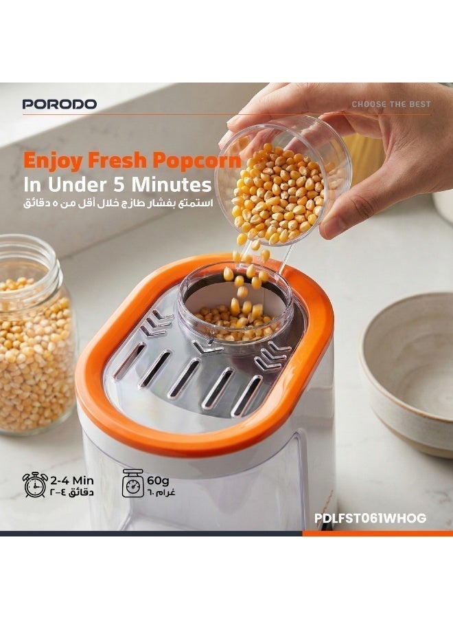 porodo Popcorn Maker with Detachable Tank / Oil-Free Popcorn Machine / 1200W Power / Healthier Snack / Hot Air Popper Maker Machine / 60g Corn Kernel Capacity - White and Orange - Image 3